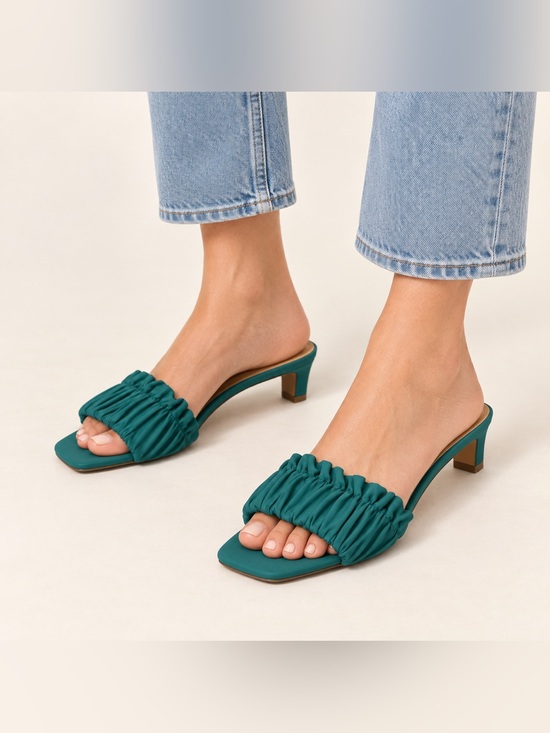Reformation Shoes - REFORMATION Shereen Ruched Block Heel Mule in color Tidepool size 8.5